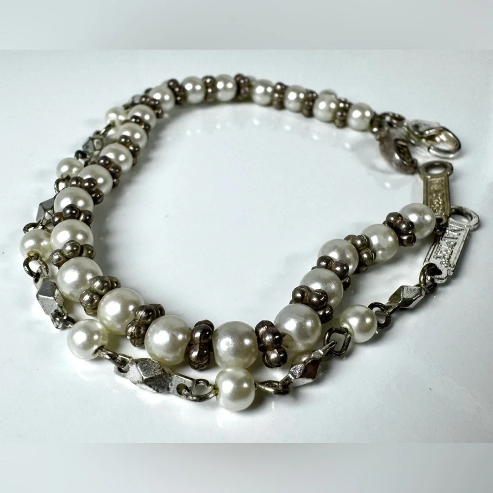 Lot of 2 Vintage Signed Napier Silver-time & Faux Pearl Bracelets #1120